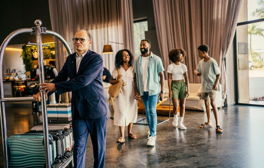 family arriving in a hotel